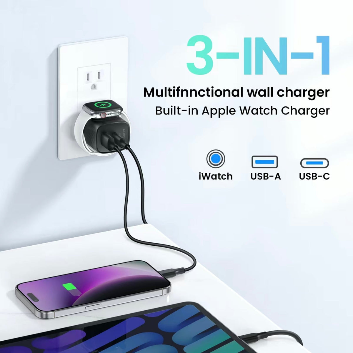 3 in 1 Magnetic Wireless Cordless PD USB-C Wall Charger Block